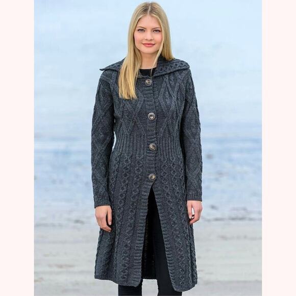 Aran Crafts | Women’s 100% Irish Merino Wool Button Down Cardigan Charcoal Grey - Picture 1 of 7